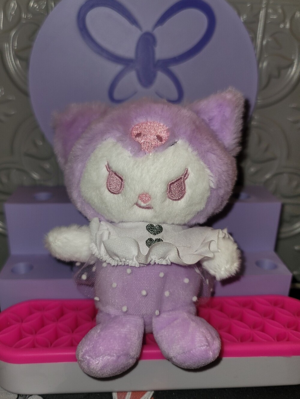 NWT- Plush Purple Kuromi Keychain/Bag Charm with white shirt w/hearts